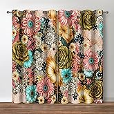 Jekeno Boho Floral Blackout Curtains Colorful Flowers Bohemian Spring Summer Decor for Bedroom Living Room Grommet Window Drapes 2 Panel Set, 42"x54"