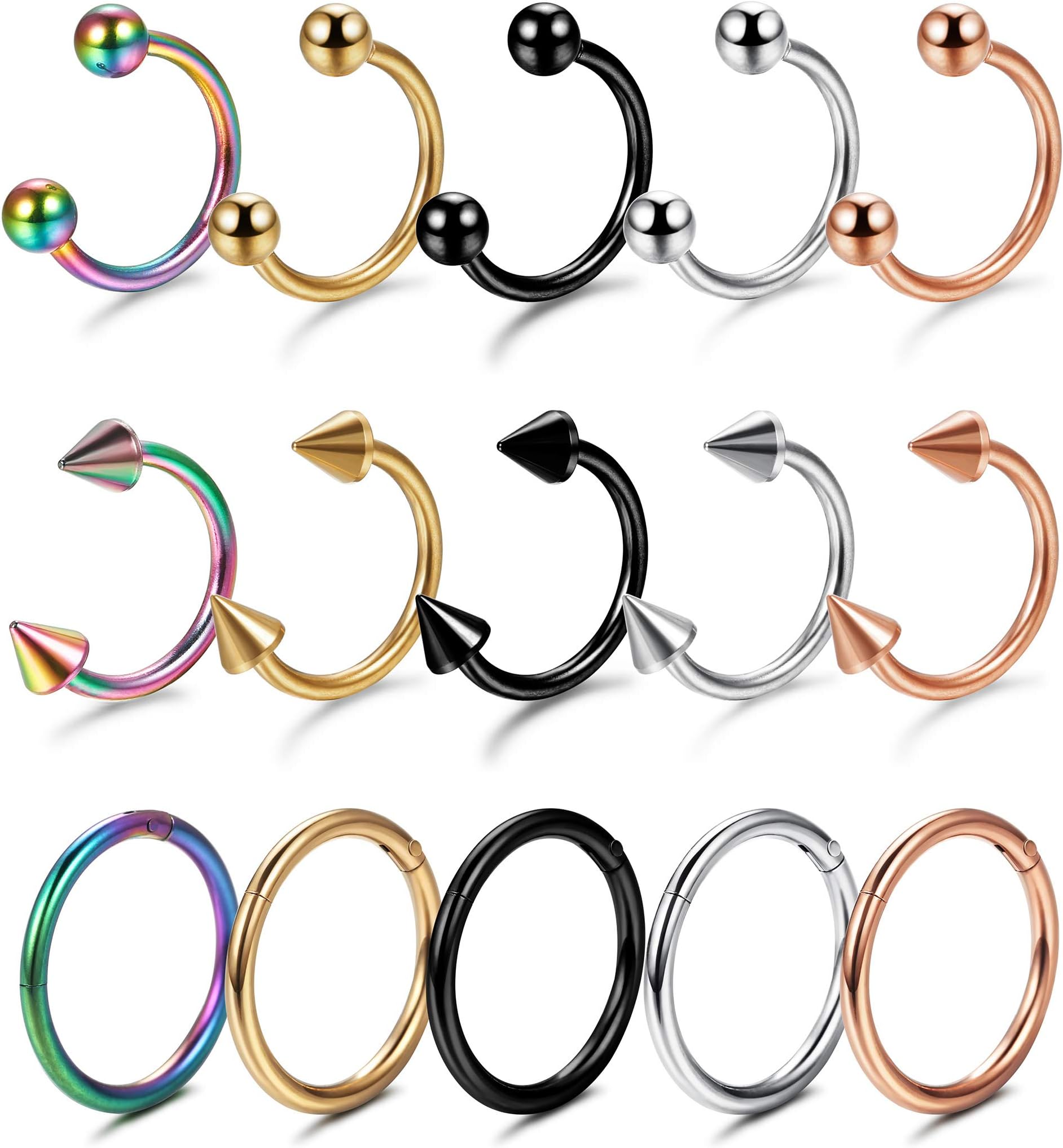 15 Pcs Set 1.2 mm Stainless Steel Fake Nose Ring Faux Piercing Jewelry Hoop Fake Nose Ring Faux Lip Septum Nose Ring 8mm/ 10mm Inner Size