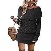 Bebonnie Women's Long Sleeve Cowl Neck Chunky Cable Knit Sexy Bodycon Mini Sweater Short Dress
