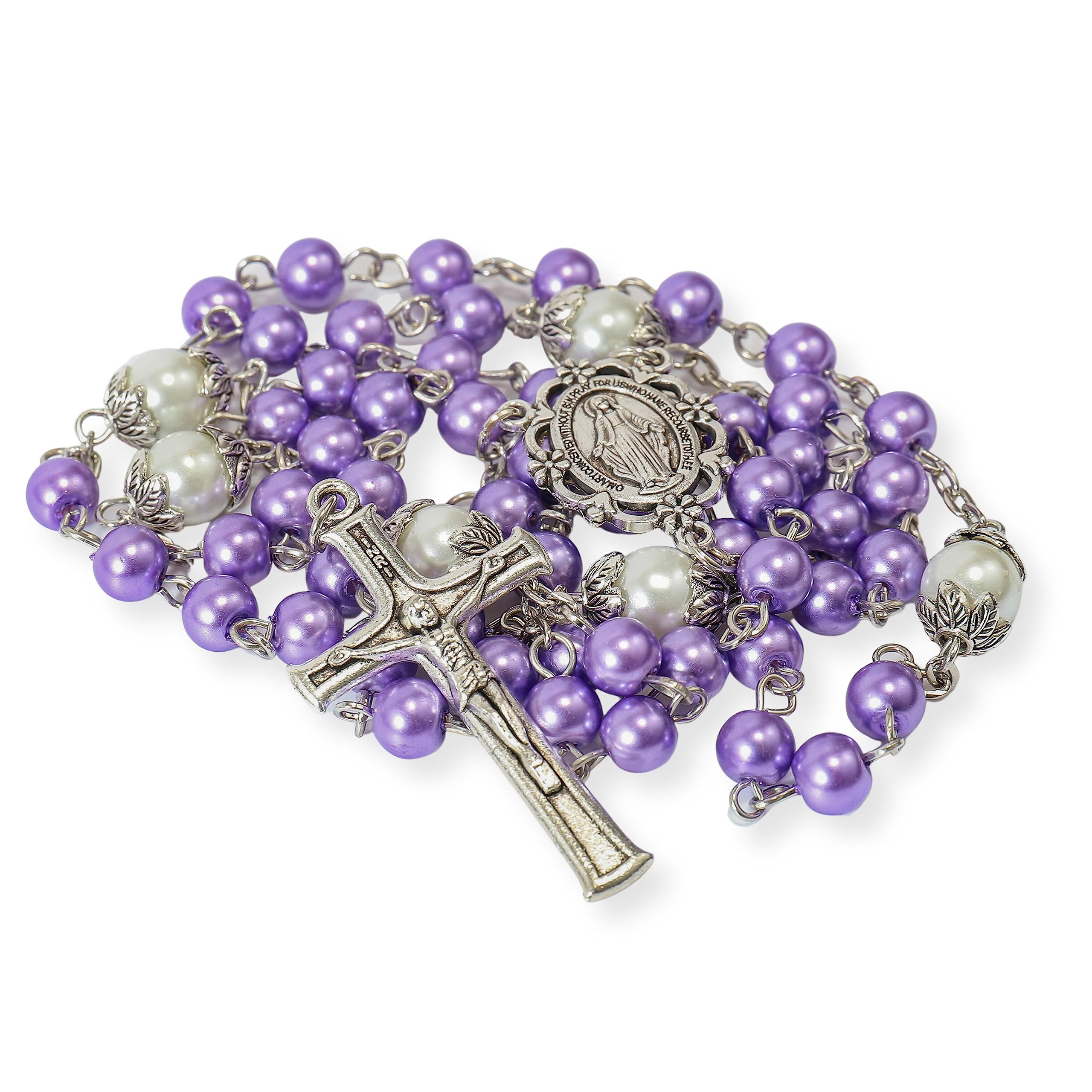 Nazareth Store 6mm Pearl-like Glass Rosaries with White Mystery Beads & Miraculous Medal | Includes Purple Velvet Bag - Stunning Prayer Beads for Spiritual Devotion (Purple)