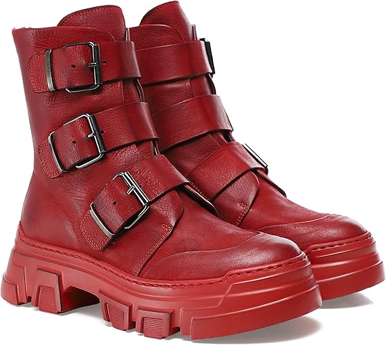 red buckle ankle boots