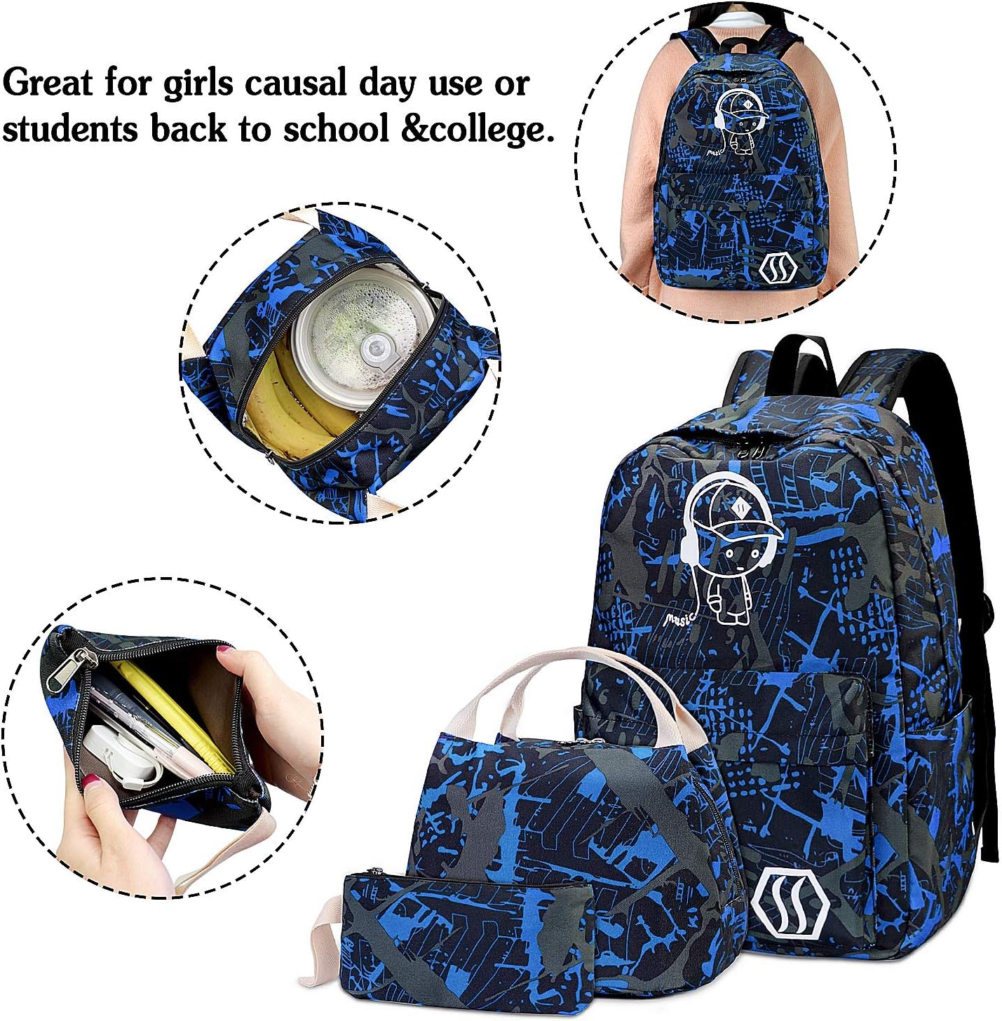 MCWTH School Bags for Teen Boys Kids School Backpack with Lunch Bag Pencil Case Set (Blue), 3in1 Music Kids - Image 4