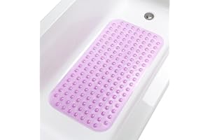 TIKE SMART Large Non-Slip Bathtub & Shower Mat 31 inch x16 inch (Smooth/Non-Textured Tubs Only) Safe, Clean, Machine-Washable, Superior Grip&Drainage, Vinyl, Transparent Purple, Medium