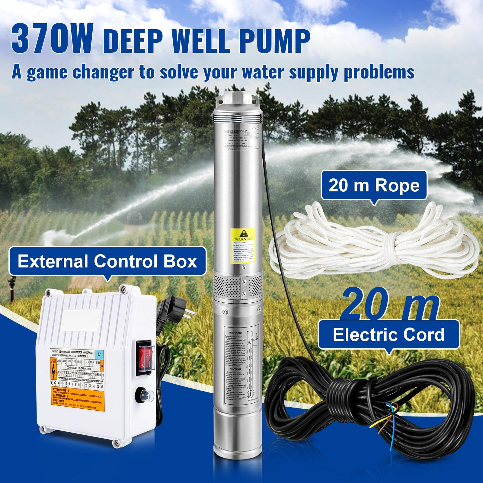 VEVOR 4'' Tiefbrunnenpumpe 370W Brunnenpumpe 110L/min Tauchpumpe max. Förderhöhe 44m Rohrpumpe 230V 50Hz Edelstahl Wasserpumpe 040℃ Pumpe Ideal zum Bewässern WasserVersorgen Entwässern, Silber 2