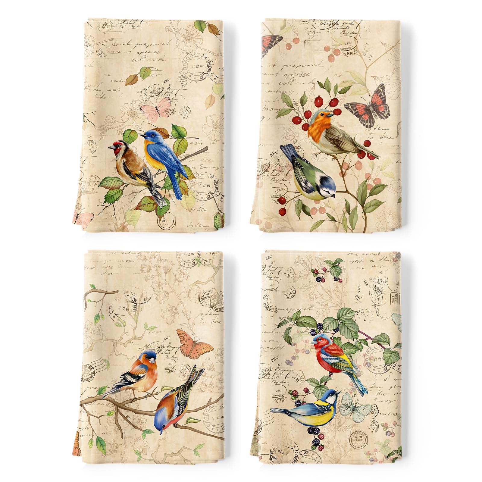 Arquiel Retro Birds Kitchen Towel 100% Cotton Quick Dry Dish Towels 48 x 70CM, Dishcloth Hand Towels for Housewarming Gifts Dining, Home, Wedding, Banquet, Buffet (Set of 4)
