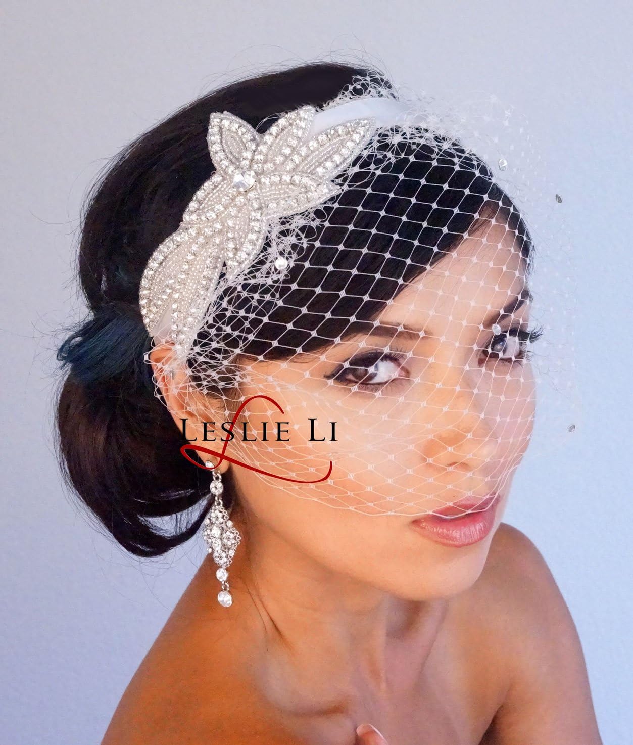 Leslie Li Women's Crystal Beaded Head Wrap & Crystal Bridal Birdcage Veil 27-405
