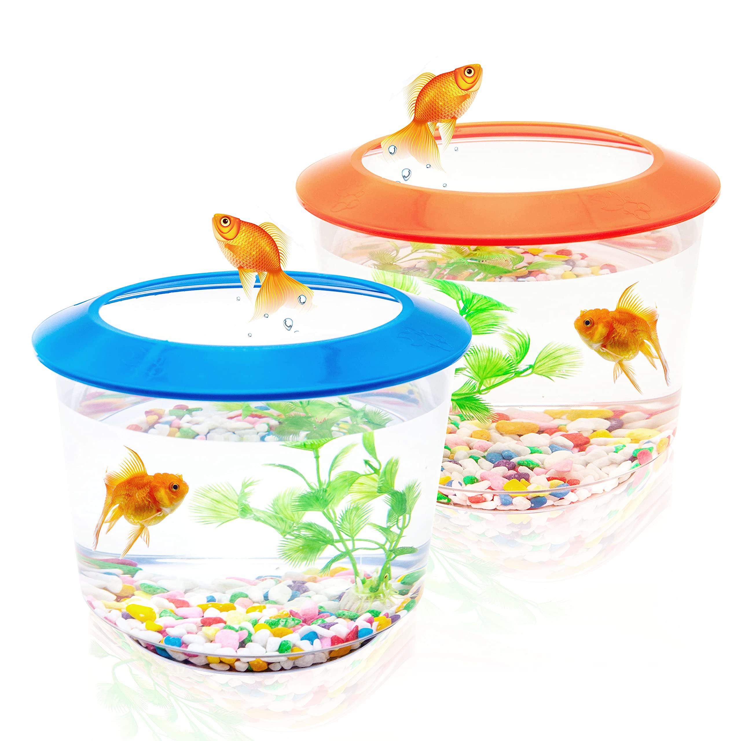 Goldfish Tank – Small Fish Tanks and Aquariums – Fish Bowl – Starter Kits with Gravel Ornamental Plant – Complete Set up for Kids Fishes Tank (Any (Blue or Orange))