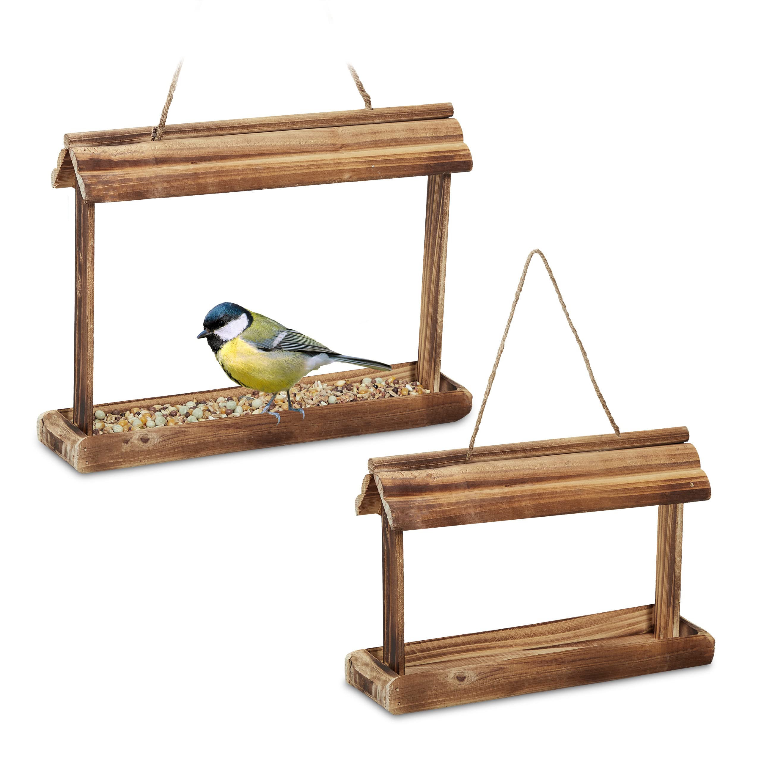 Relaxdays Bird Feeder, Set of 2, Feeding Station, Hanging, H x W x D: 23.5 x 31.5 x 8 cm, Wood, Natural