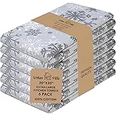 Urban Villa Christmas Kitchen Towels Grey Snowflake Print Premium Quality 100% Cotton Dish Towels Mitered Corners Over Sized 20X30 Inches Set of 6 Highly Absorbent Kitchen Towels with Hanging Loop