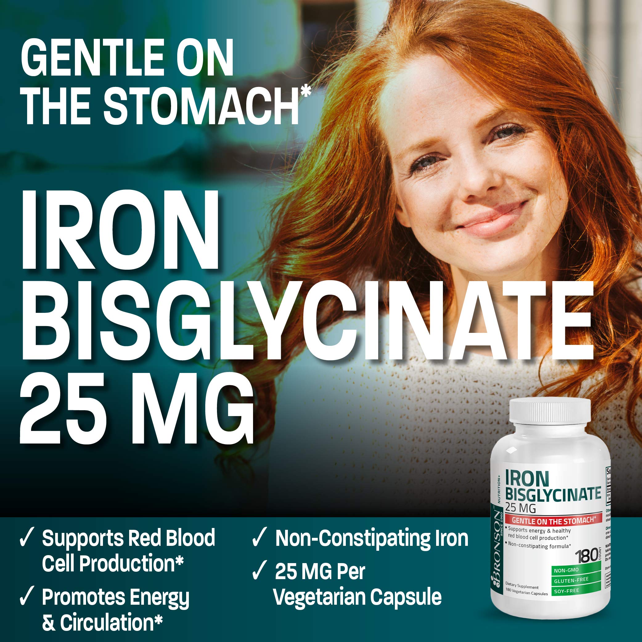 Bronson Iron Bisglycinate 25 mg Gentle on The Stomach, Supports Energy & Healthy Red Blood Cell Production - Non-Constipating Formula - Non GMO, 180 Vegetarian Capsules