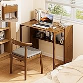Usofhaus Bamboo Folding Desk for Small Spaces, Mid Century Small Computer Desk for Bedroom Home Office, Foldable Space-Saving Desk, Brown