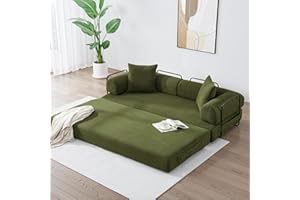 ZEIINPA Convertible Sleeper Sofa Bed with Cylindrical Pillow, Corduroy Folding Mattress Couch with Fixed-Shape Frame, Floor Sofa Lounge Couch for Living Room Bedroom Lounge Studio-Green