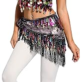 Lauthen.S Belly Dance Hip Scarf with Tassels Sequins, Triangle Coins Wrap Skirt Music Festival Clothing