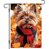 BlissYard Thanksgiving Fall Garden Flag 12x18 Inch Welcome Yorkshire Terrier Dog Outdoor Flag Double Sided Autumn Yard Banner with Red Black Scarf Maple Leaves for Porch Lawn Patio Decoration