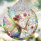 Jocidea Enchanting Fairy & Rose Stained Glass Hanging Decor - Christmas Tree Ornament - Gift for Women, Mom