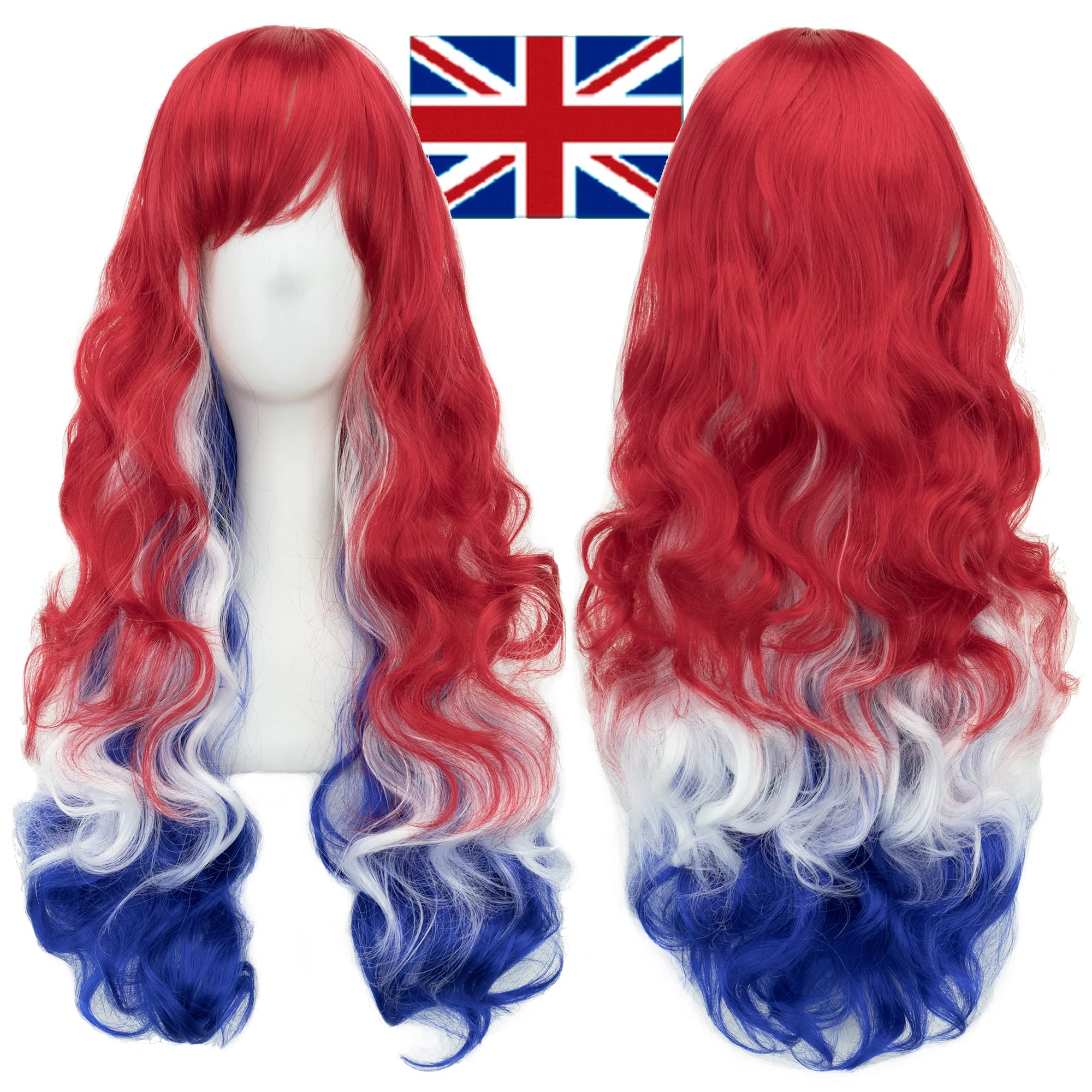 IMISSU Flag Color Design Hair Cosplay Wigs with Bangs Halloween Costume Wig (GB Flag Red White Blue) — image 1