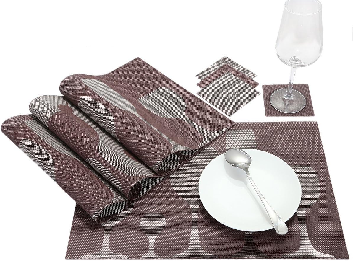 mookaitedecor PVC Placemats Set of 4 & Coasters Set of 4, Heat Resistant Table Mats Non-slip Washable for Dining Home Kitchen