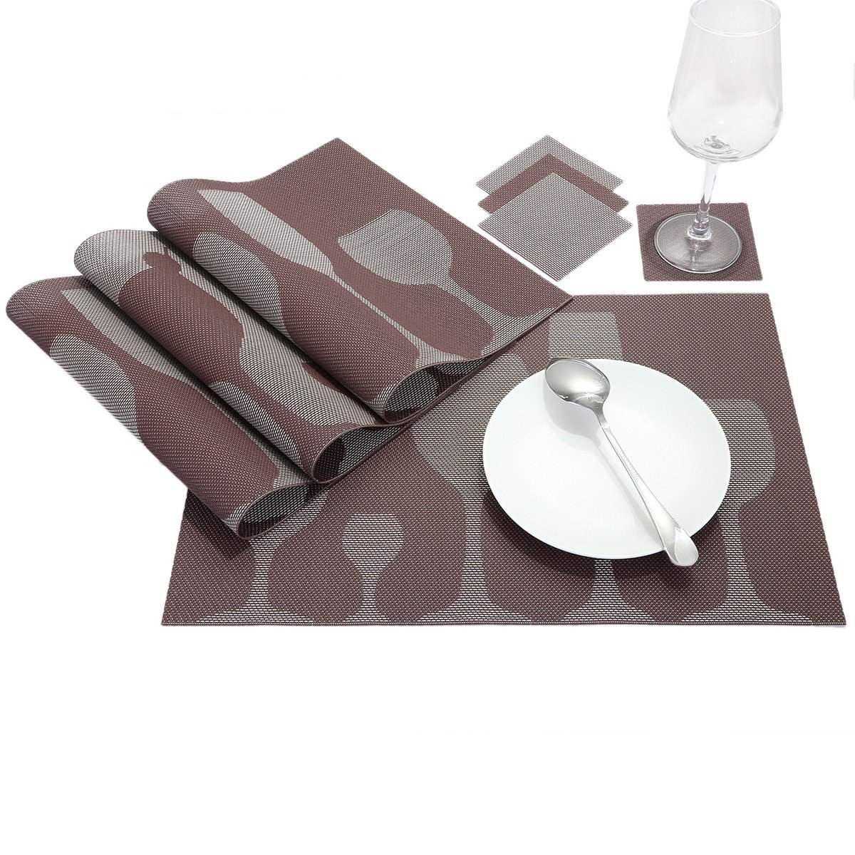 mookaitedecor PVC Placemats Set of 4 & Coasters Set of 4, Heat Resistant Table Mats Non-slip Washable for Dining Home Kitchen