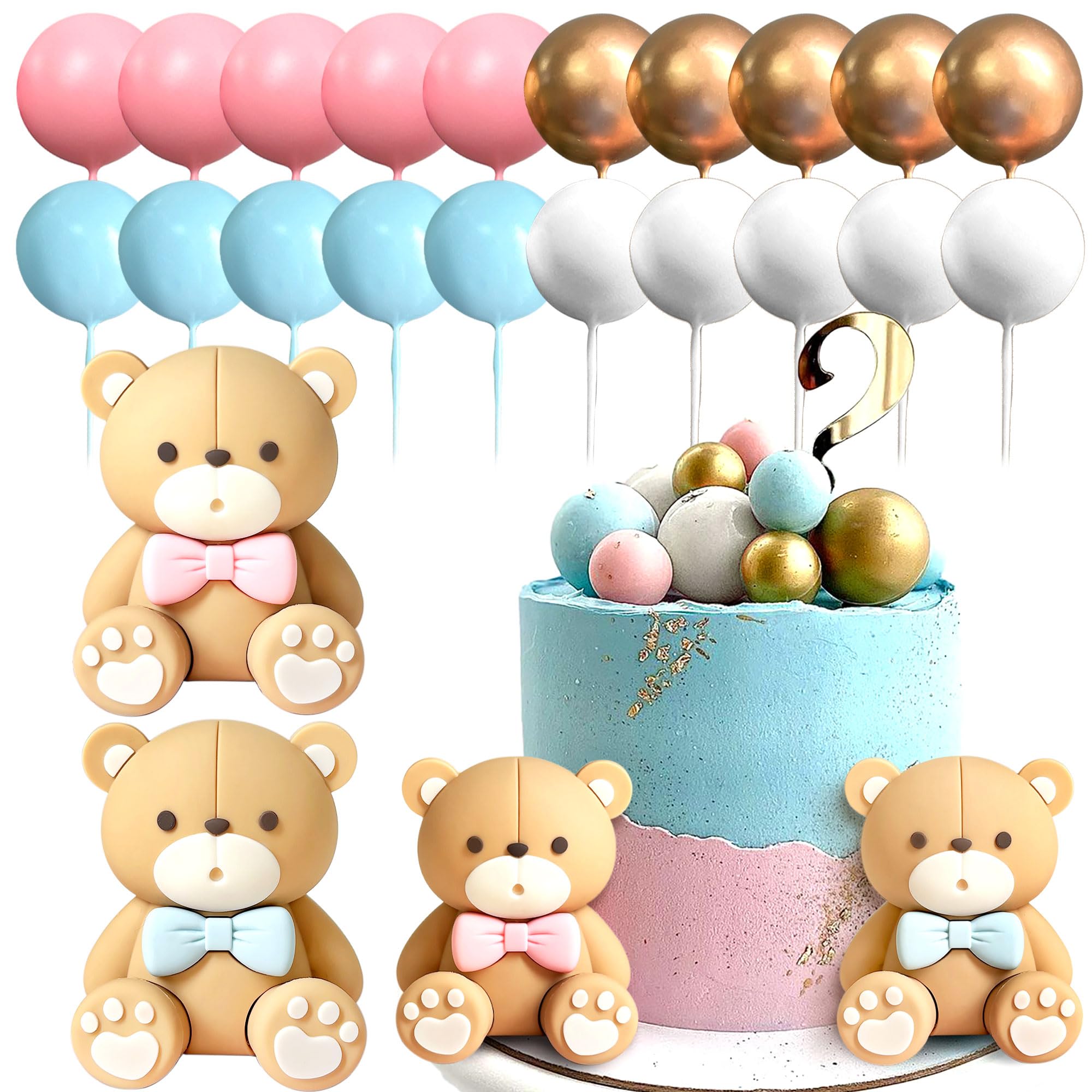 JeVenis Pink Blue Gender Reveal Cake Toppers Boy or Girl Cake Decoration Teddy Bear Cake Decoration Baby Shower Cake Decorations