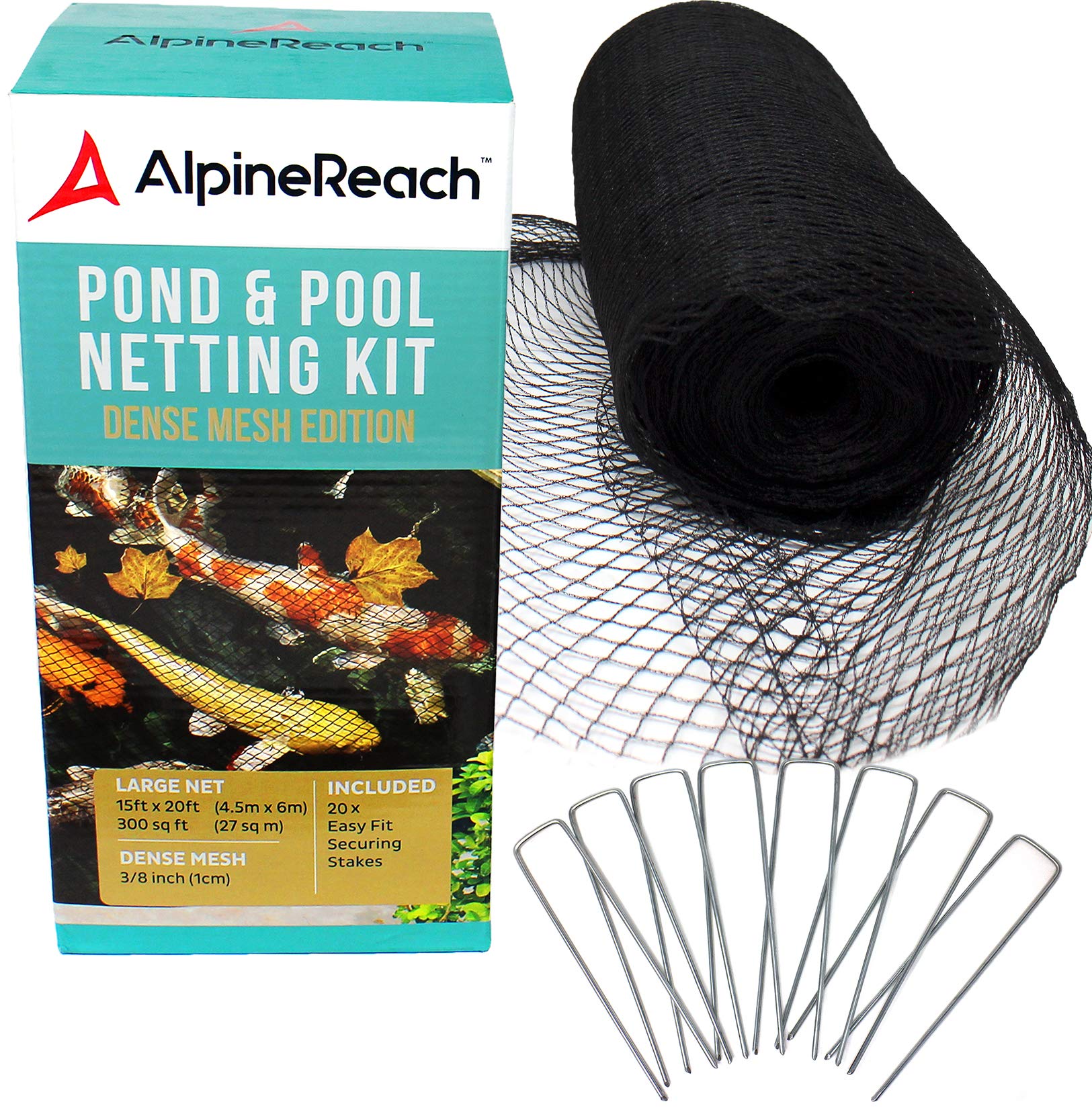 AlpineReach Koi Pond Netting Kit 4.5m x 6m Black & 20 Steel Staples Heavy Duty Woven Fine Mesh Net Cover for Leaves - Protects Fish from Blue Heron Birds Cats Predators - Reusable & Galvanised Stakes