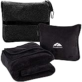 BlueHills Premium Soft Travel Blanket Pillow Airplane Blanket Packed in Soft Bag Pillowcase with Luggage Sleeve Compact Pack Large Traveling Packable Lightweight Gifts Black T008