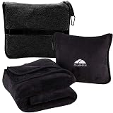 BlueHills Premium Soft Travel Blanket Pillow Airplane Blanket Packed in Soft Bag Pillowcase with Luggage Sleeve Compact Pack Large Traveling Packable Lightweight Gifts Black T008