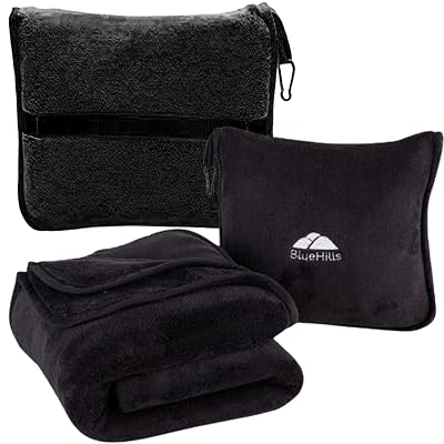 BlueHills Premium Soft Travel Blanket Pillow Airplane Blanket Packed in Soft Bag Pillowcase with Luggage Sleeve Compact Pack Large Traveling Packable Lightweight Gifts Black T008