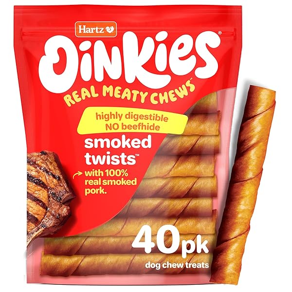 HARTZ OINKIES SMOKED TWISTS WITH NATURALLY SMOKED PORK RAWHIDE-FREE DOG TREATS, HIGHLY DIGESTIBLE LONG LASTING DOG CHEWS, 40 COUNT