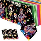 Temicle 3-Piece 54 x 108 Inch Day of the Dead Plastic Tablecloth Disposable Dia de Muertos Sugar Skull Dancing Skeleton Rectangle Table Covers for Mexican Fiesta Halloween Party Decorations