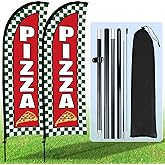 Hahafelt 2 Sets Pizza Feather Flag Banner for Business Advertising 7 x 5.4 ft Pizza Advertising Flag Sign with Flagpole Ground Stake Portable Bag Green Barbecue Signs Banner for Outdoor Ground