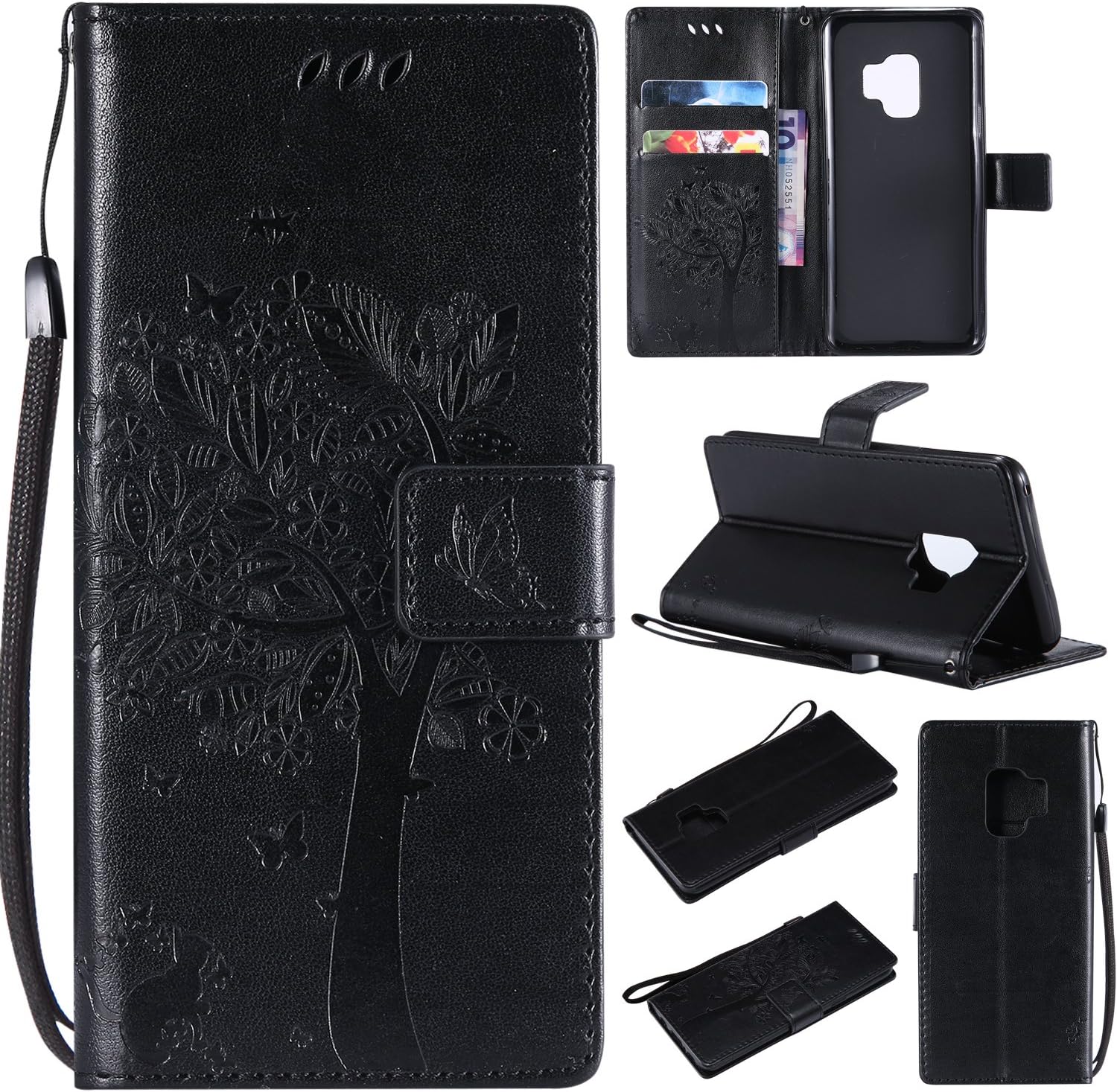 HAOTP Galaxy S9 Wallet Case, Floral Flower Love Tree & Cat Embossed PU Leather Magnetic Flip Shockproof TPU Inner Bumper Card Holders & Hand Strap Wallet Purse Case for Samsung Galaxy S9 Black