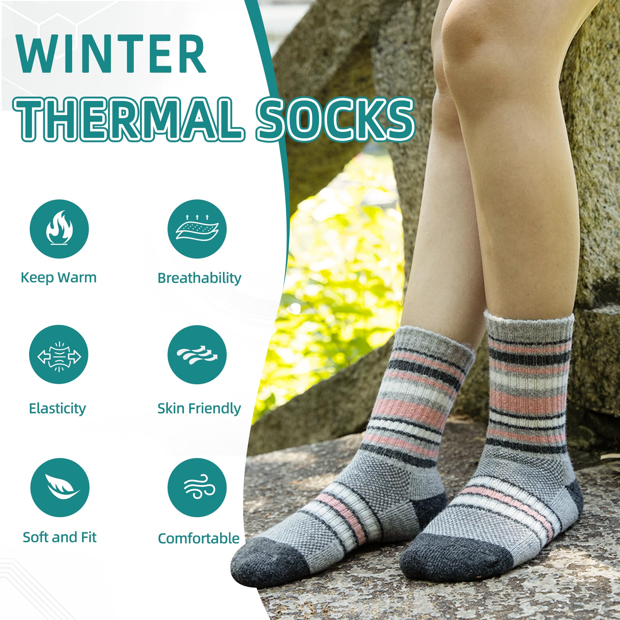 Kids Merino Wool Hiking Socks Toddlers Boys Girls Thermal Warm Winter Cushion Moisture Wicking Crew Boot Socks 6 Pairs