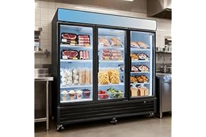 DORACOME Glass Door Merchandiser Freezer 70 Cu.ft Swing Door Commercial Reach-In Display Freezers with LED Top Panel Upright Freeze Storage (Three-door version)