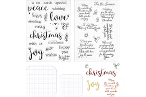 OUTUS 4 Pieces Words Christmas Clear Stamps Set Silicone Greeting Stamps Sentiments Merry Christmas Crafts Acrylic Blocks Tools with Grid Lines for Card Making Decor DIY Scrapbooking