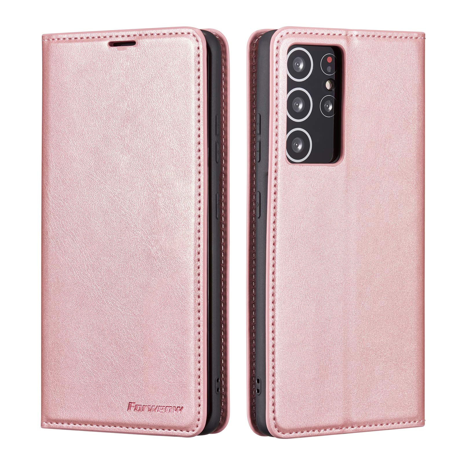 QLTYPRI Case for Samsung Galaxy S21 Ultra 5G, Premium PU Leather Cover TPU Bumper with Card Holder Kickstand Hidden Magnetic Adsorption Flip Wallet Case Cover for Samsung S21 Ultra 5G - Rose Gold