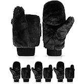 SATINIOR Faux Fur Mittens Fingerless Gloves Convertible Gloves Fluffy Winter Warm Soft Half Finger Fuzzy for Women