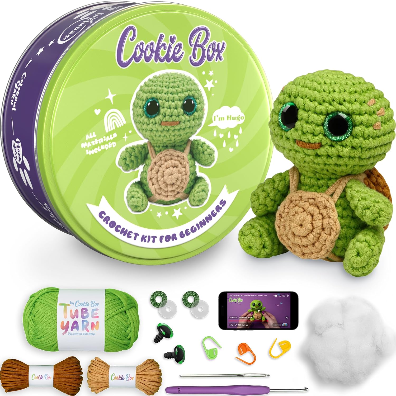 Cookie Box Crochet Kit for Beginners, Turtle Hugo | All Materials Included, Step-by-Step Video Tutorials, PDF Patterns, Easy