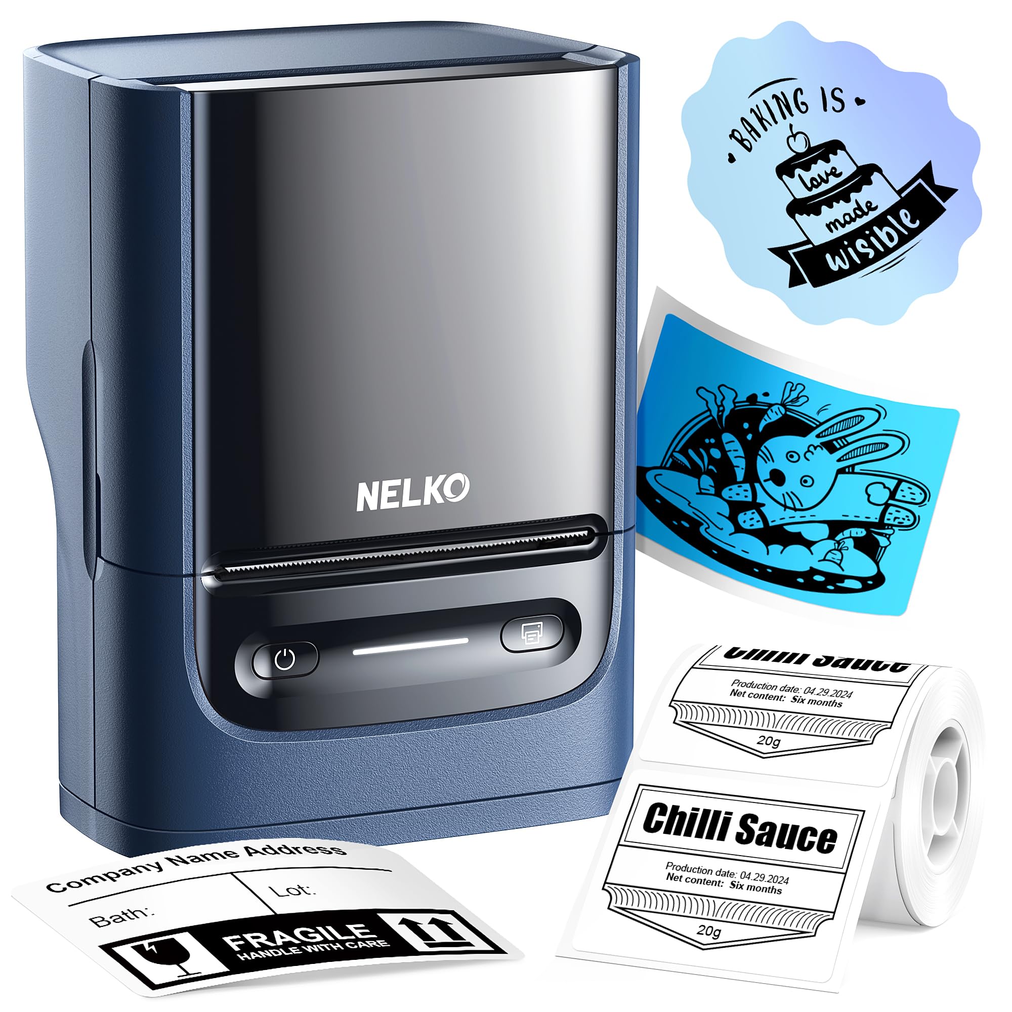 Nelko PM220 Bluetooth Thermal Label Printer, Portable Label Maker Machine for iOS & Android Phone, Label Maker for Clothing, Jewellery, Retail, Address, Barcode, Home, with 1 Roll 40x30mm（Blue）