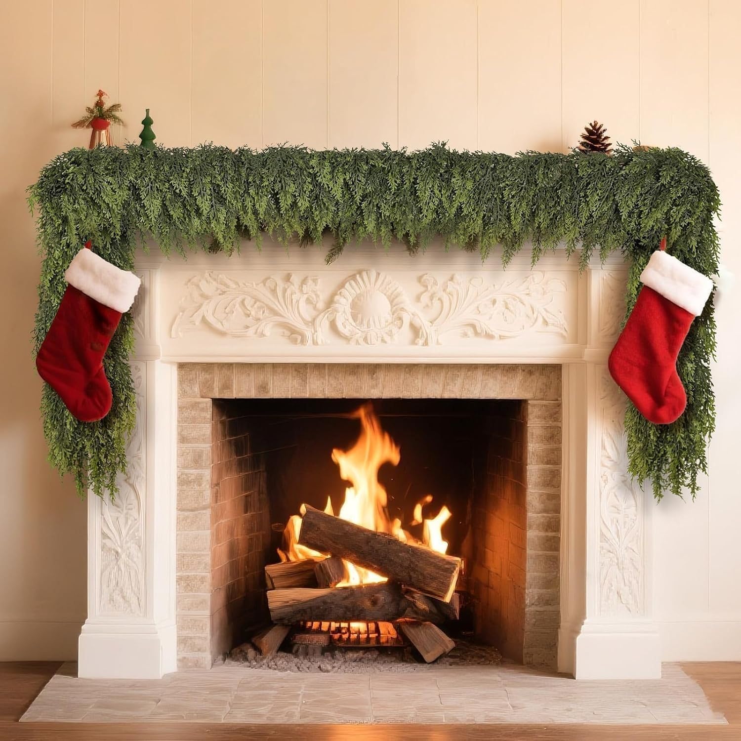 Photo 1 of 2Pcs 6FT Cedar Garland, 138 Tips Real Touch Christmas Garland, Artificial Winter Pine Garland for Mantle Table, Outdoor Christmas Decorations Clearance Indoor Greenery Garlands Holiday Decorations