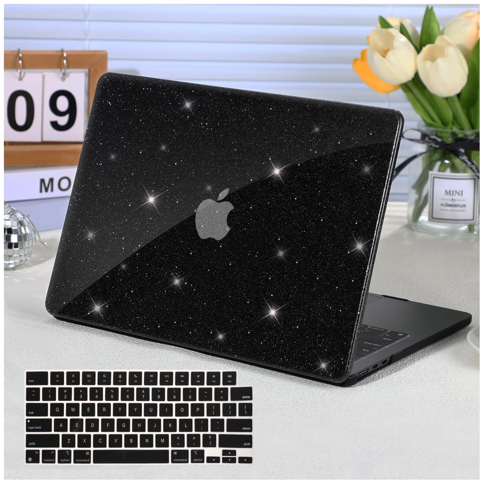 Photo 1 of Funut Black Glitter Case for MacBook Air 13 Inch 2022 2021-2018 Release M1 A2337 A2179 A1932, MacBook Air 2021 Cover Shiny Sparkle Bling PU Leather Hard Shell Case & Keyboard Cover, Glitter Black