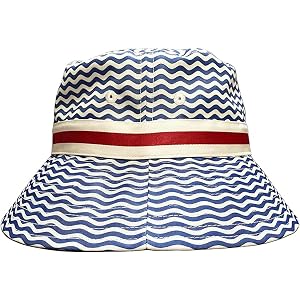 LKWENG Wavy Blue & White Striped Bucket Hat with Red-and-White Band