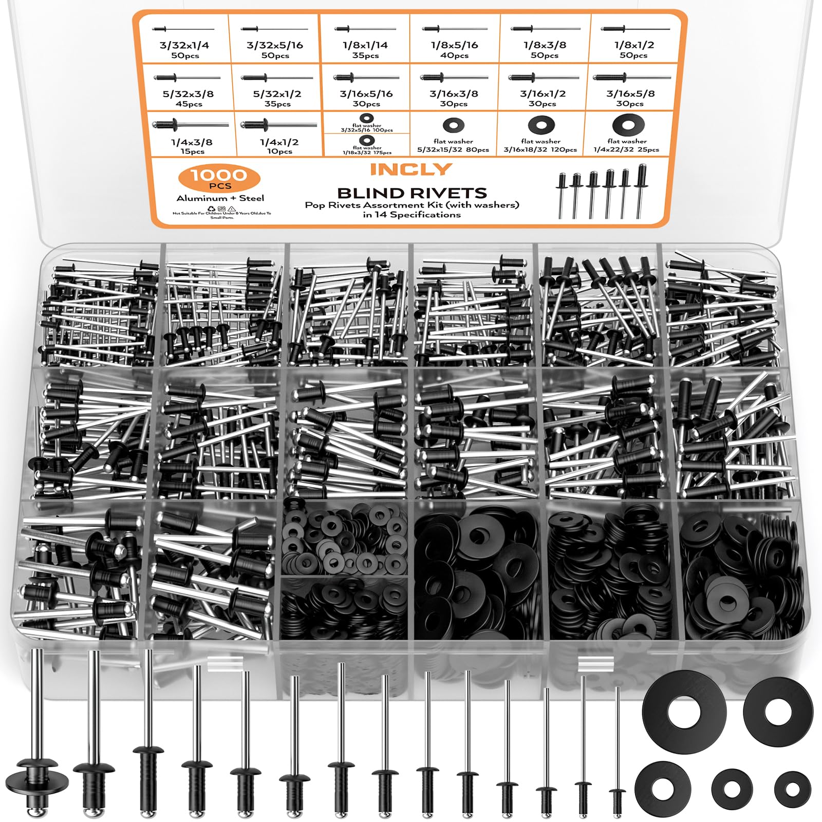 Photo 1 of INCLY 1000PCS Pop Rivets Assortment Kit, 14 Sizes Black Rivets for Metal 3/32" 1/8" 5/32" 3/16" 1/4" and 5 Sizes 304 Stainless Steel Washers with Storage Case