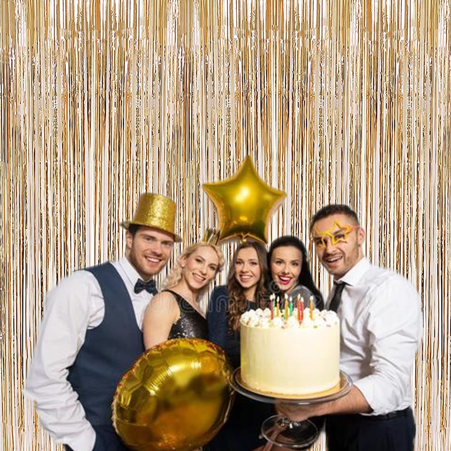 i-CHONY 2 Pcs 3.2ft x 8.2ft Champagne Gold Metallic Tinsel Foil Fringe Curtains Photo Booth Backdrop for Baby Shower Birthday Wedding Holiday Celebration Bachelorette Party Decorations