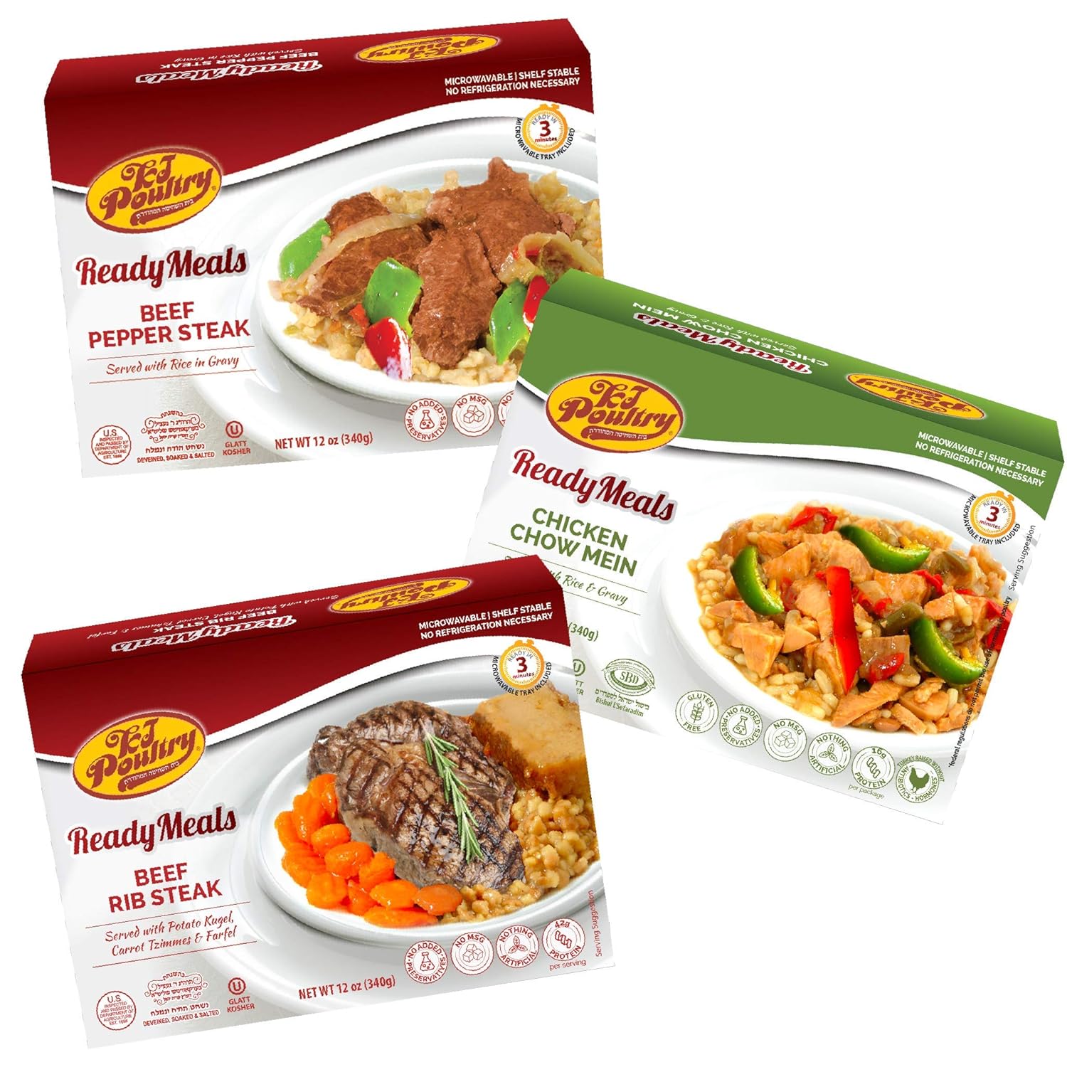 Kosher Mre Meat Meals Ready to Eat, Variety of Beef Rib Steak, Beef Pepper Steak, Chicken Chow Mein (3 Pack Bundle) - Prepared Entree Fully Cooked, Shelf Stable Microwave Dinner