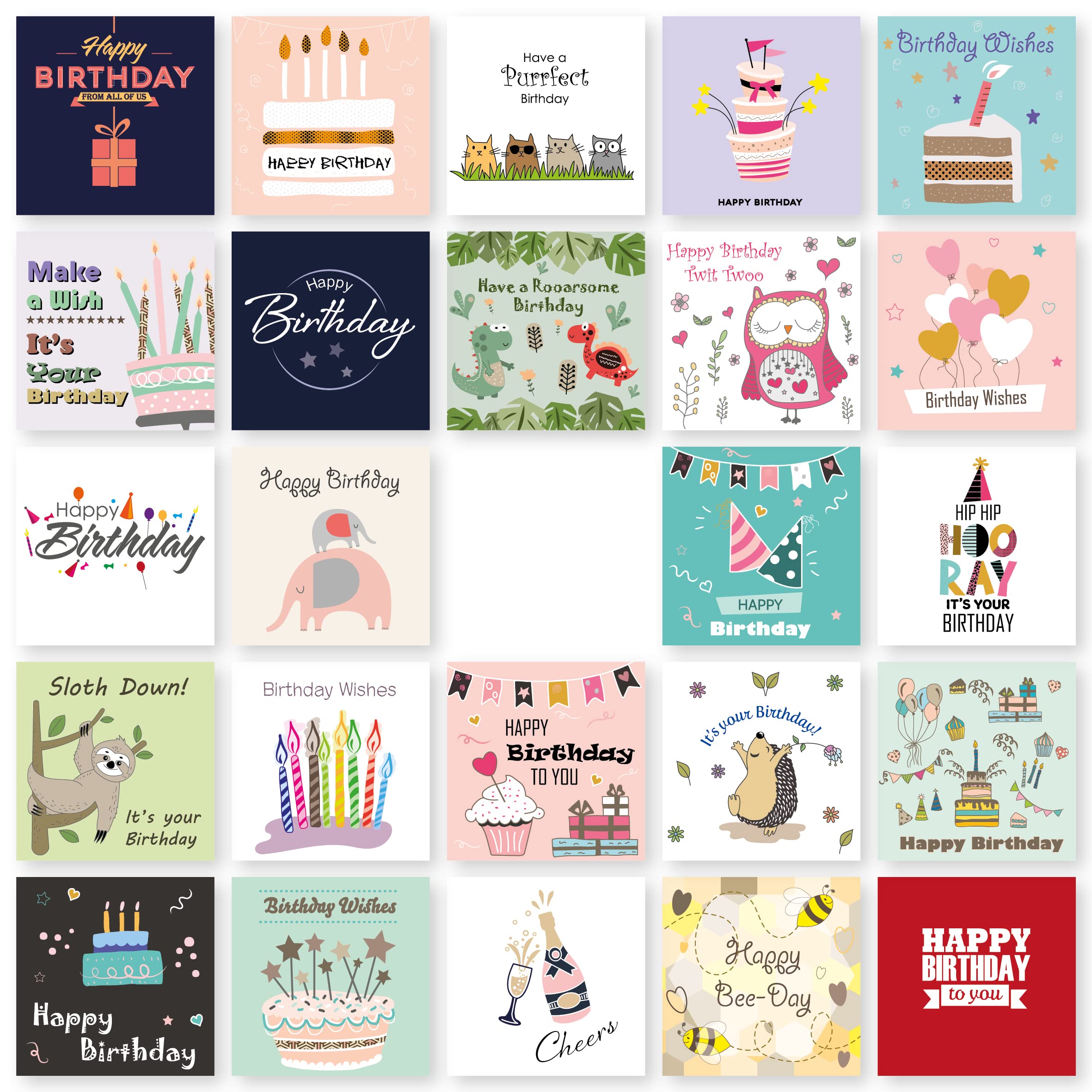 Birthday Cards Multipack of 24. Each Birthday Card box includes 24 Mixed Happy Birthday Card Designs. Blank Inside. Assorted Birthday Cards and Envelopes.
