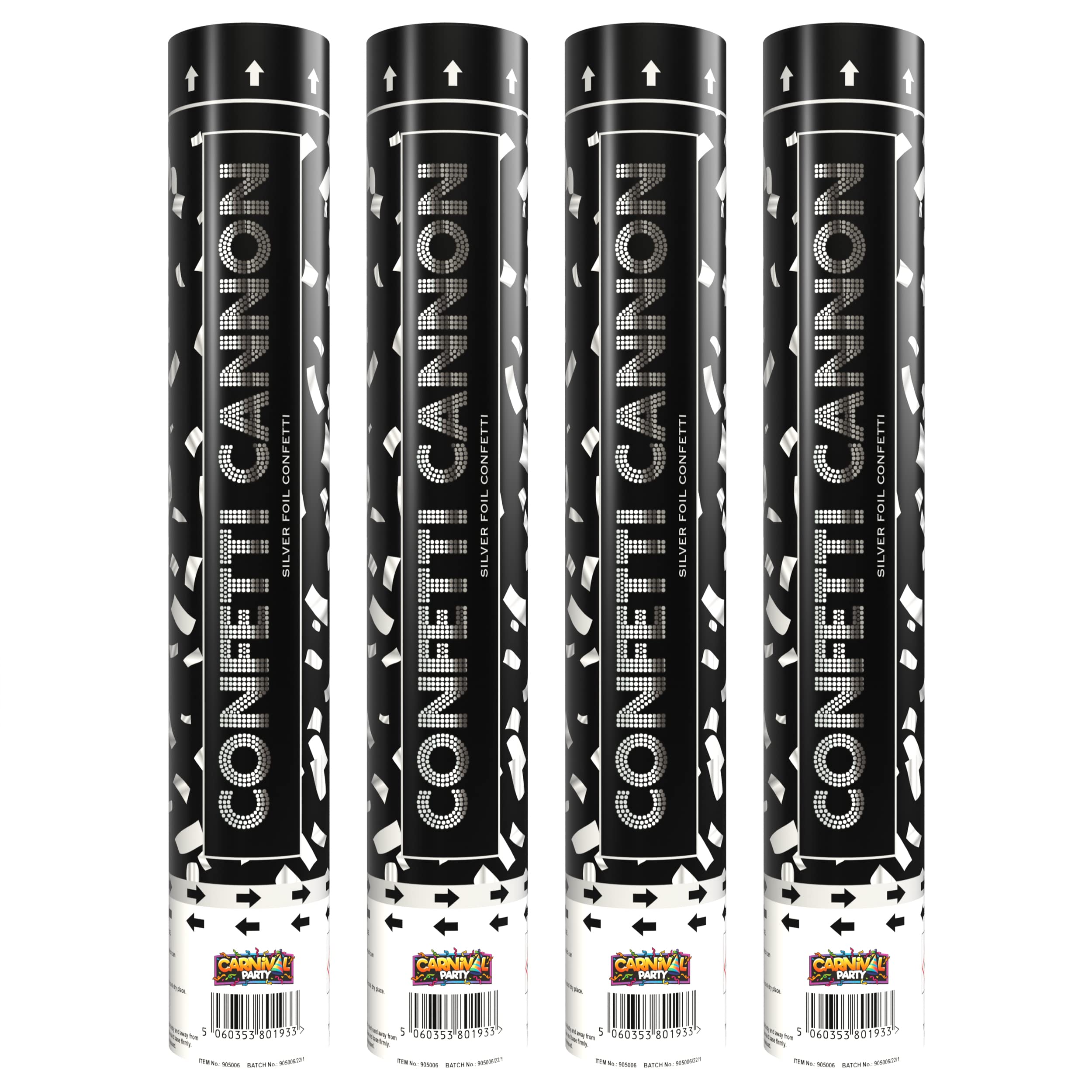 Carnival Party - 30cm Confetti Cannon - Silver Foil Confetti - Cannon Poppers for Celebrations, Weddings and Parties - Elite Party Supplies UK - Pack of 4