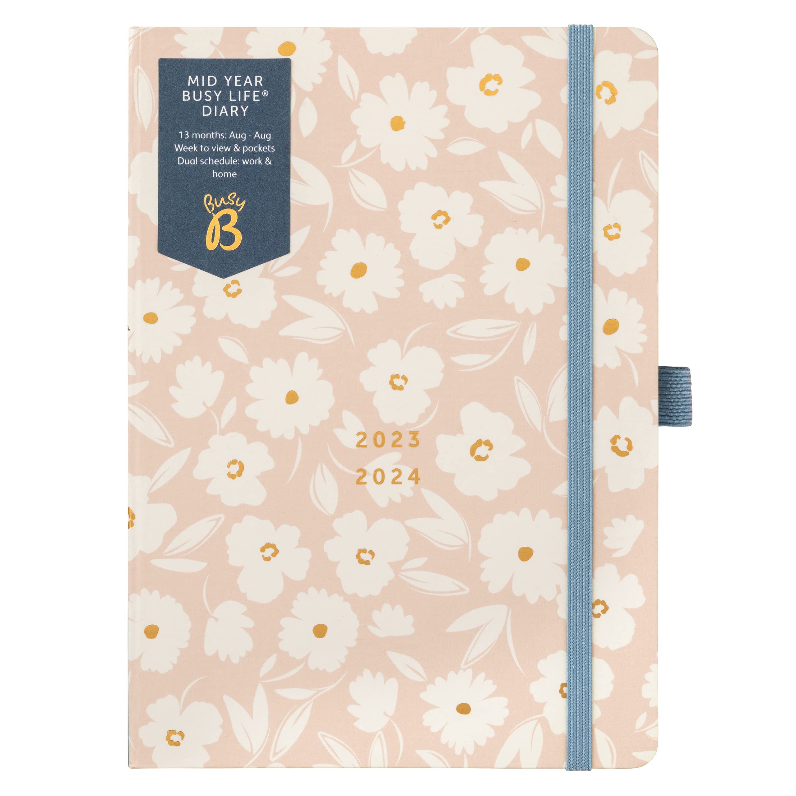 Busy B Mid Year Busy Life Diary August 2023 - August 2024 - Pink Floral. Academic Diary 2023-2024 A5 Week to view Planner with Pen Holder, Elastic Closure and Storage Pockets — image 1