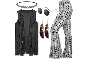 Leumoi 5 Pcs 60s 70s Costume for Women Disco Outfits Hippie Accessories Fringe Vest Boho Flared Pants Set for Halloween