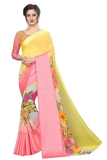 Winza Designer Womens Georgette Saree with Blouse (SATIN FLOWER_Yellow_Pink)