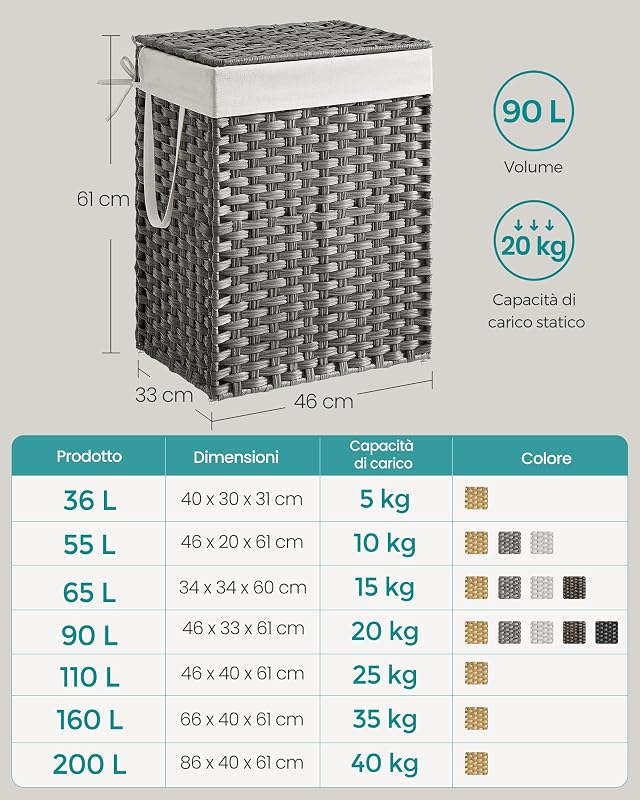 Cesta Portabiancheria da 90 L, con Coperchio, Pieghevole